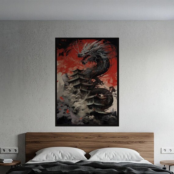Epic Red Dragon Coiled Over Asian Pagoda Dramatic Fantasy Poster