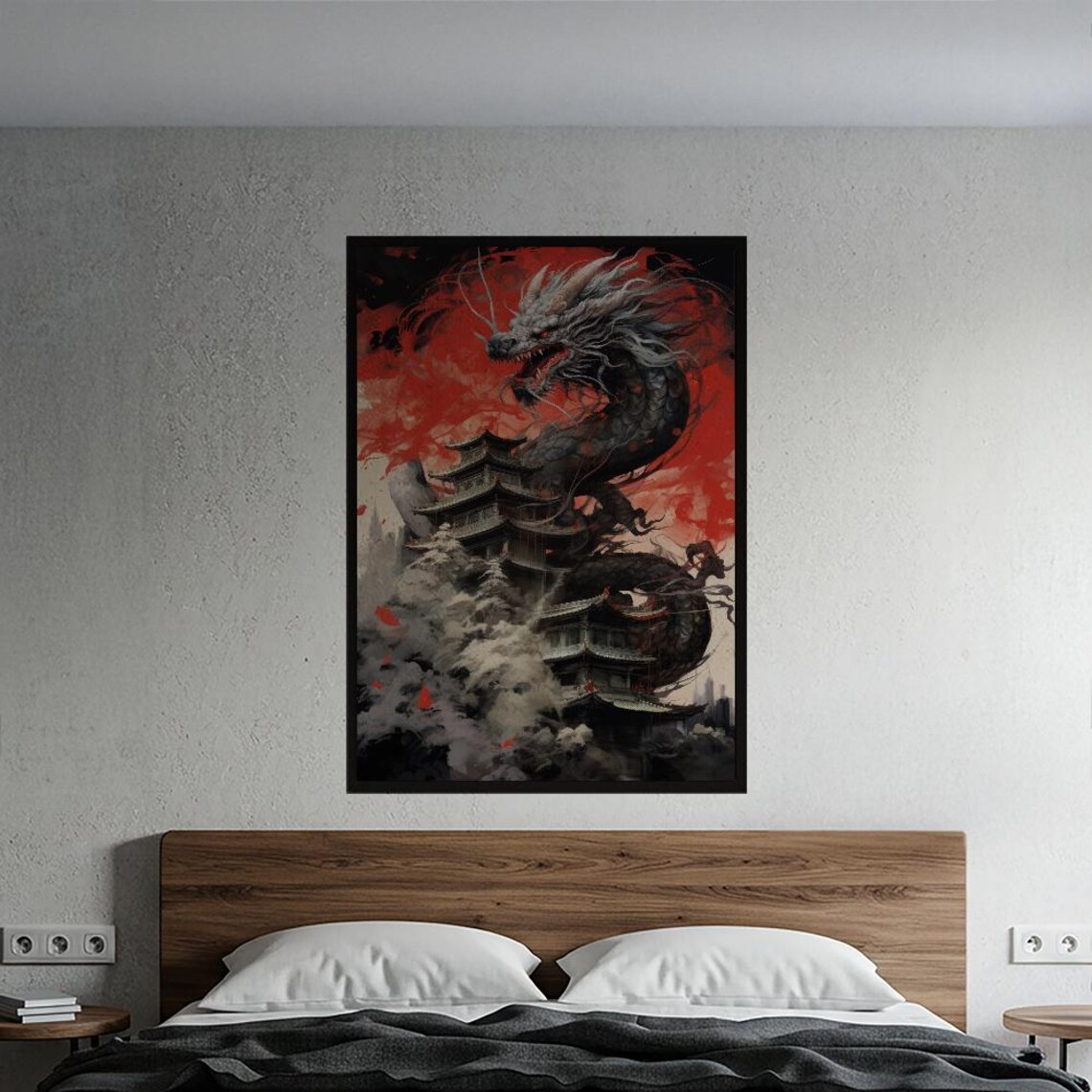 Epic Red Dragon Coiled Over Asian Pagoda Dramatic Fantasy Poster