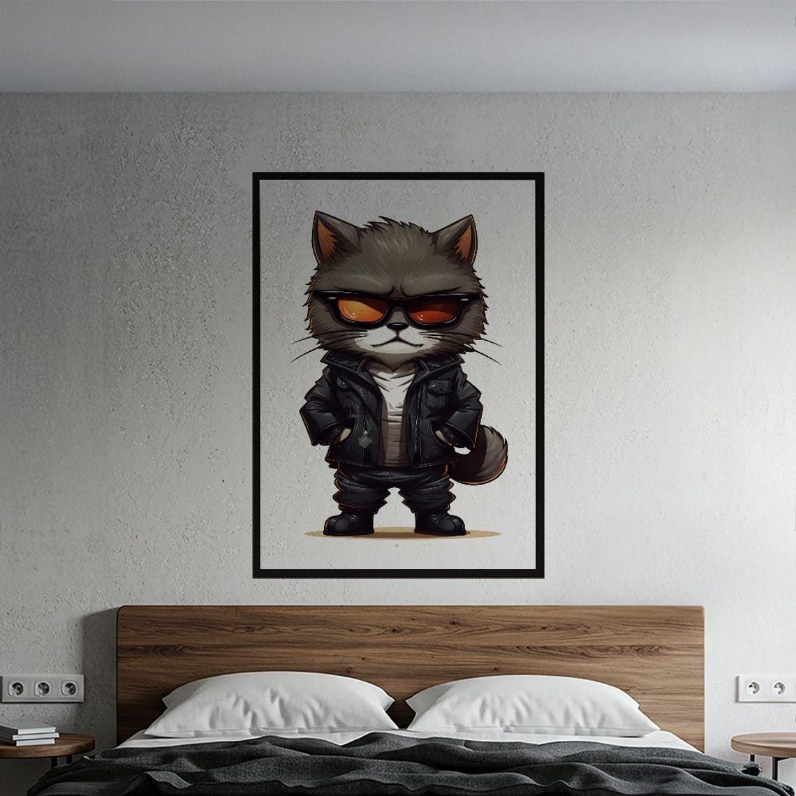 Cool Cat With Sunglasses In Leather Jacket Funny Cartoon Poster