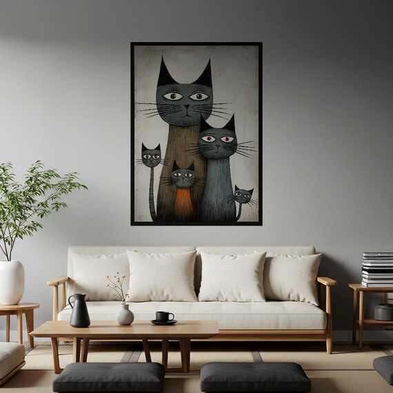 Whimsical Cat Family Folk Art Poster Unique Feline Home Decor