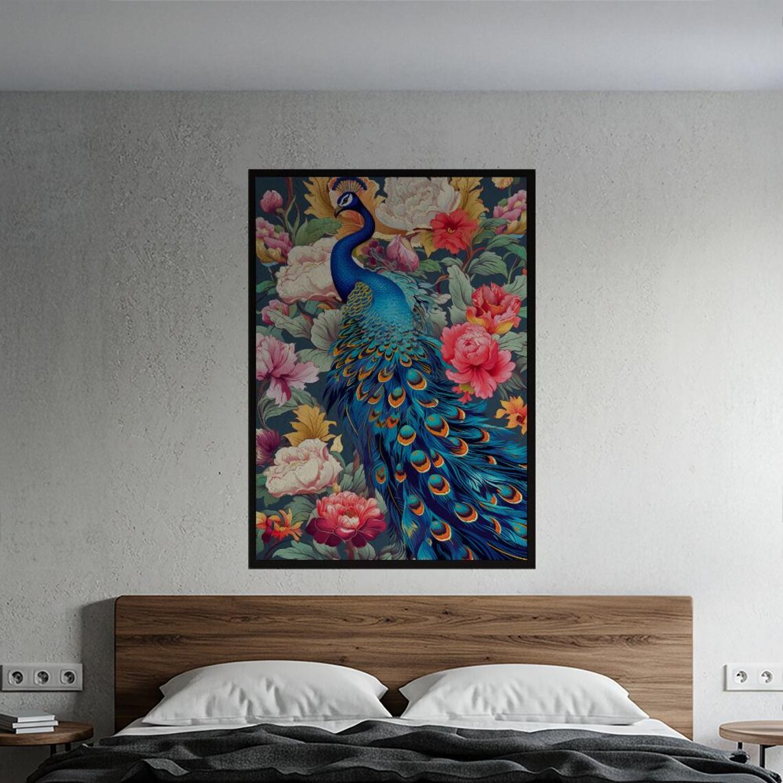 Majestic Peacock Among Colorful Flowers Vibrant Botanical Art Print
