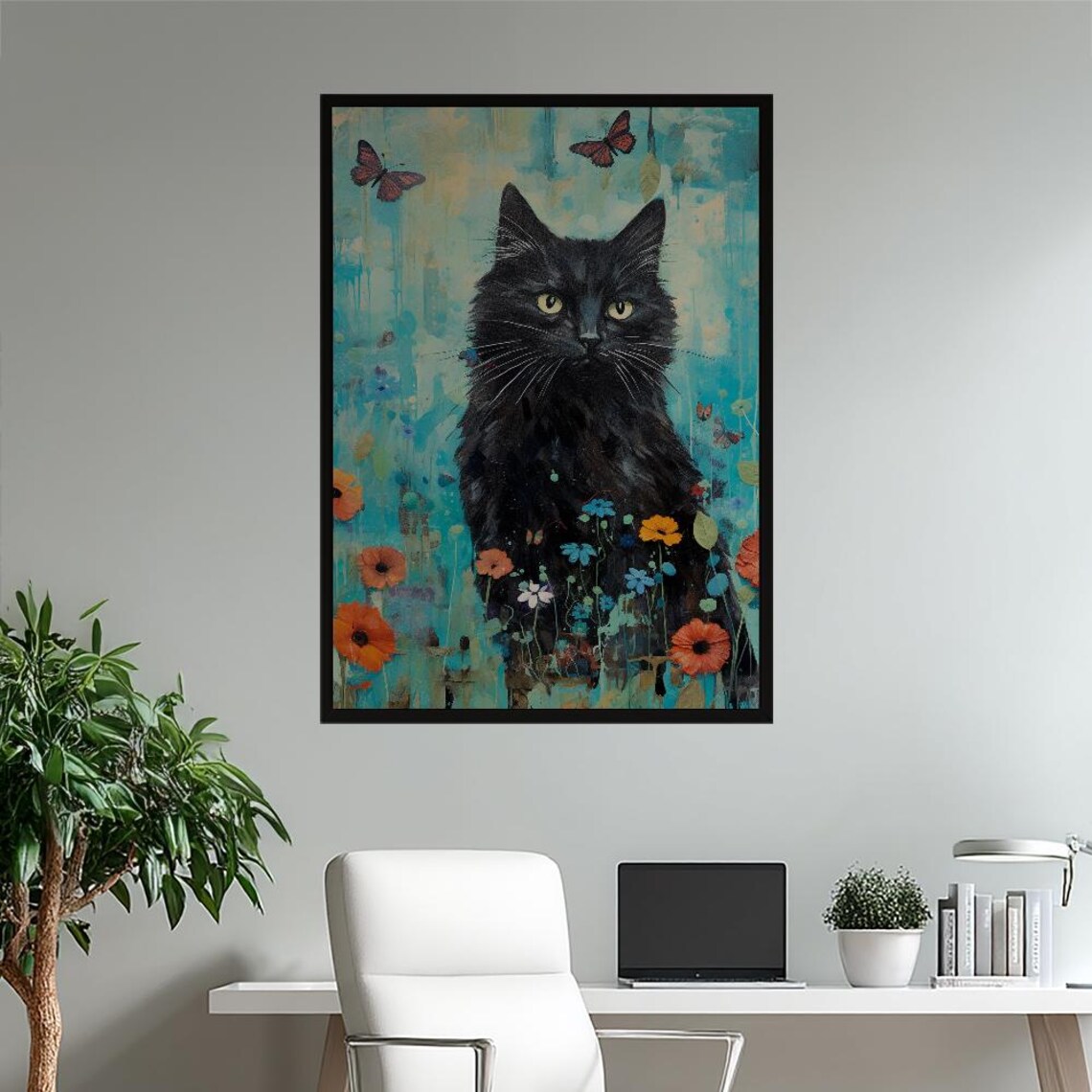 Black Cat With Butterflies And Poppies Turquoise Feline Garden Art Poster