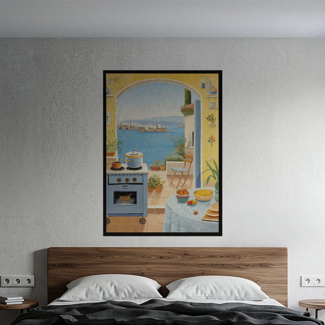 Mediterranean Coastal Kitchen With Arched Ocean View Painterly Poster