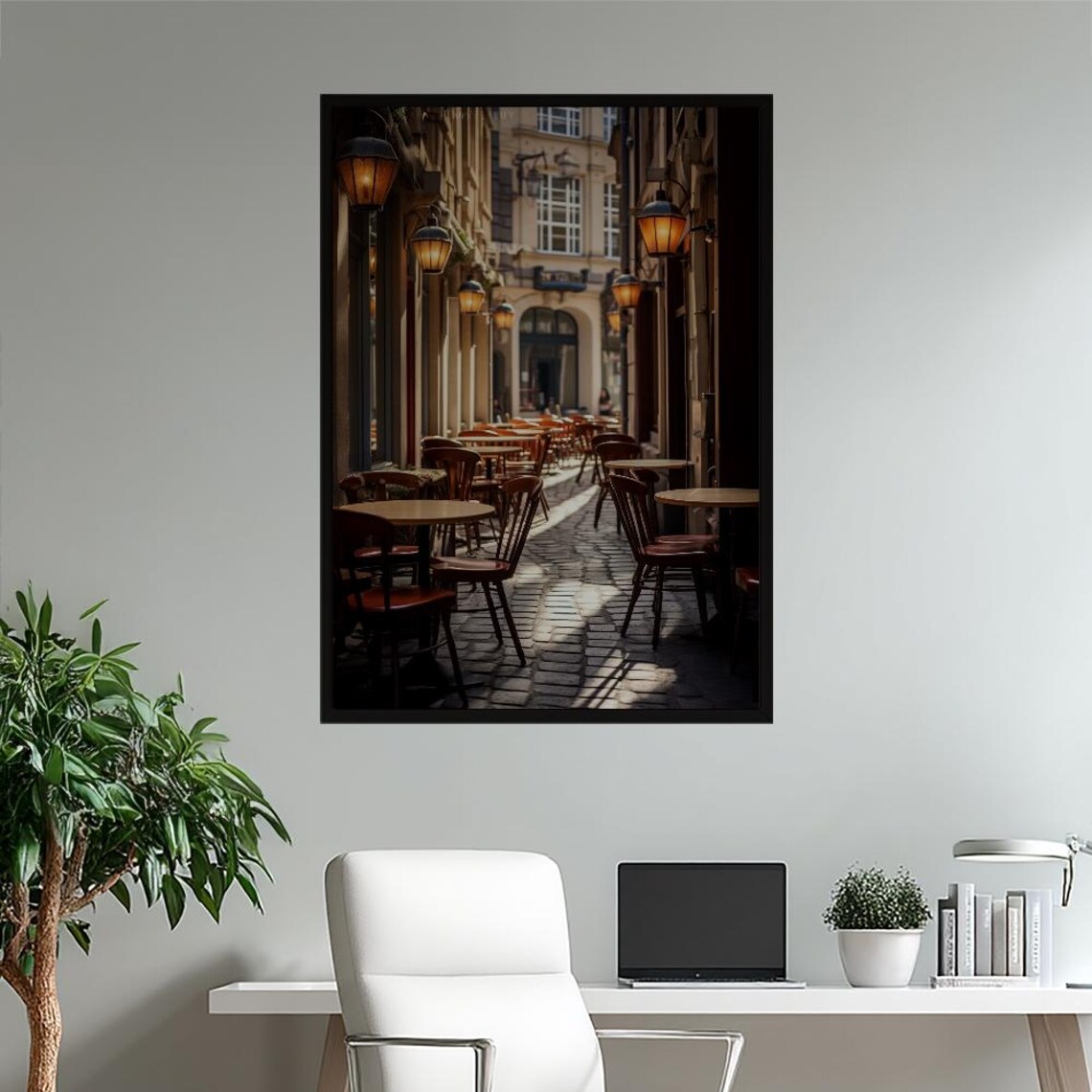 Vintage European Cafe Alley Cobblestone Street Lantern Poster