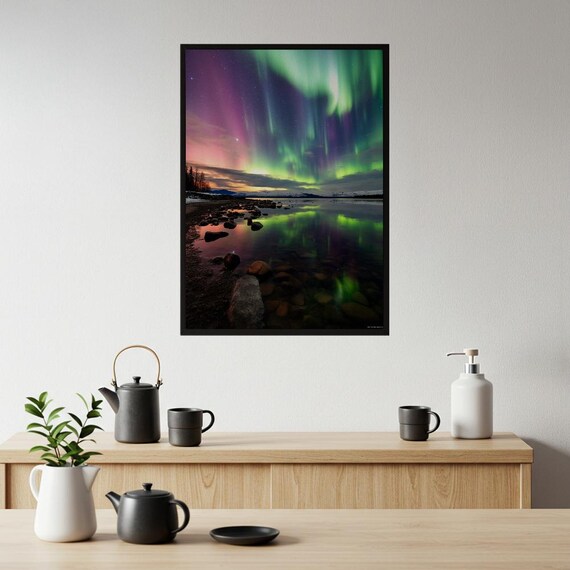 Aurora Borealis Northern Lights Over Calm Lake Reflection Poster