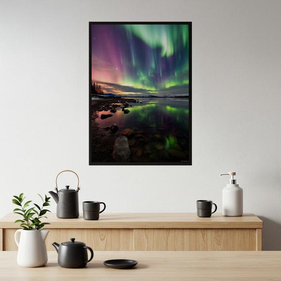 Vibrant Aurora Borealis Poster Northern Lights Lake Reflection Wall Art Photorealistic Night Sky Landscape Print Museum Quality