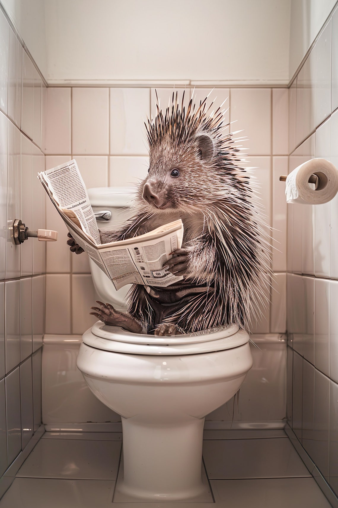 Porcupine Reading Newspaper on the Toilet Funny Bathroom Poster