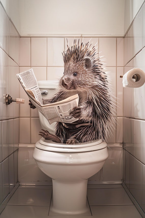 Porcupine Sitting On The Toilet Reading A Newspaper Funny Bathroom Humor Wall Decor Funny Animal Print Home Ai Print
