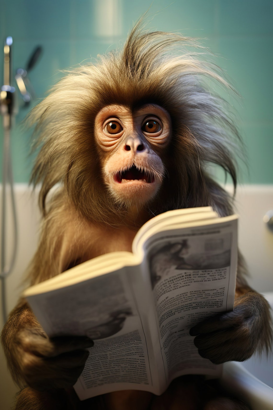 Marmoset Monkey Reading Newspaper Funny Bathroom Animal Poster