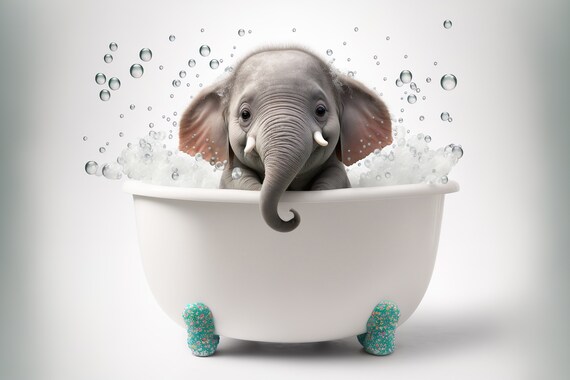 Cute Baby Elephant In The Bathtub Funny Animal Print