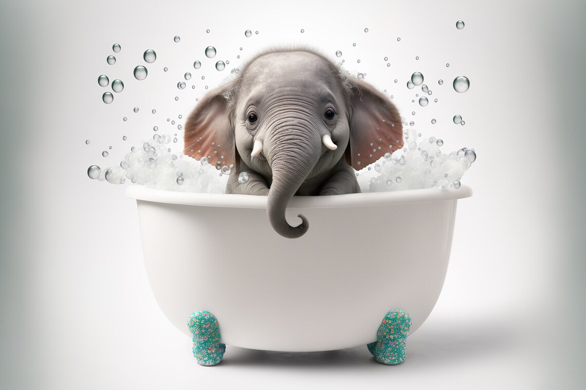 Cute Baby Elephant In The Bathtub Funny Animal Print