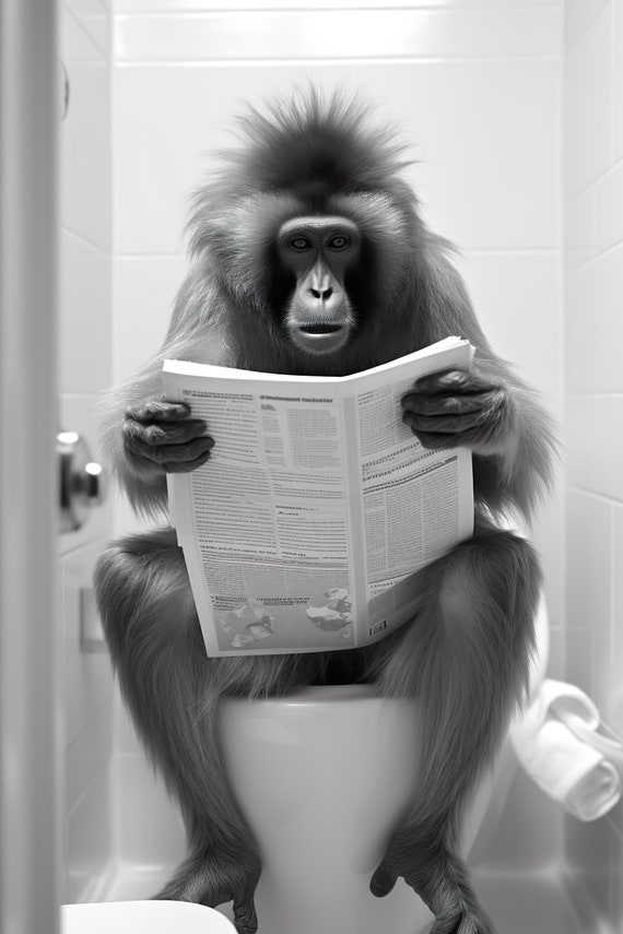 Gibbon Ape Sitting On The Toilet Reading A Newspaper Funny Bathroom Wall Art Funny Monkey Print Funny Animal Photo Ai Art
