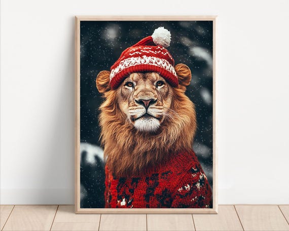 Cute Christmas Lion Funny Christmas Wall Art Retro Winter Animals Christmas Home Decor Funny Lion Photo Print Ai Art