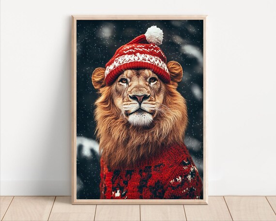 Lion in Red Santa Hat and Sweater Christmas Winter Wildlife Animal Poster