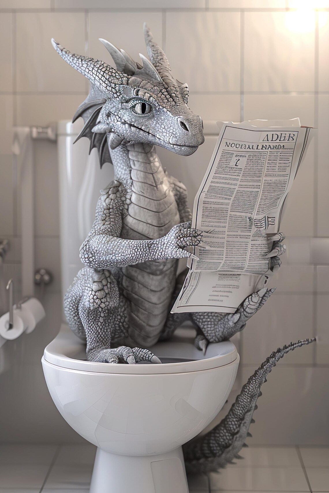 Funny Silver Dragon Sitting On Toilet Reading Newspaper Bathroom Poster