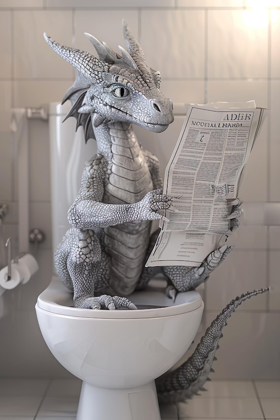 Dragon Sitting On The Toilet Reading A Newspaper Funny Bathroom Wall Art Funny Mythical Creature Print Home Decor Ai Art