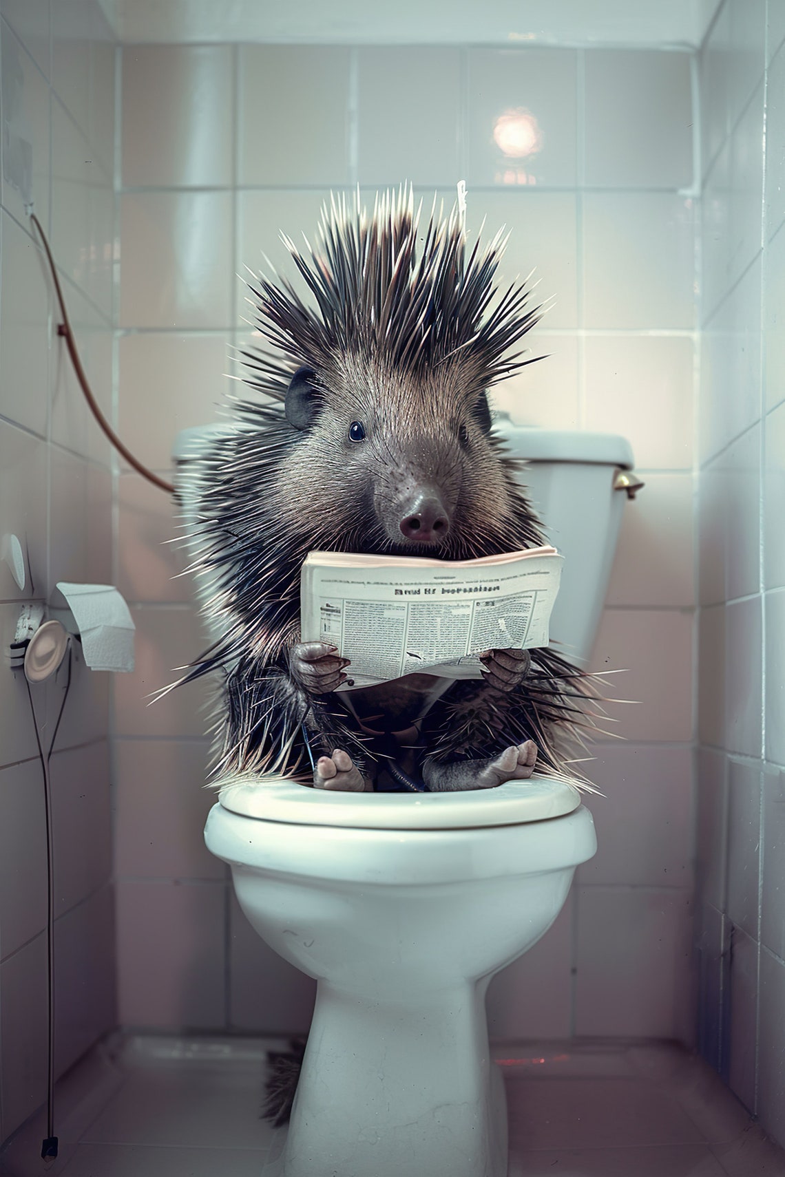 Funny Porcupine Sitting On Toilet Reading Newspaper Front View Poster