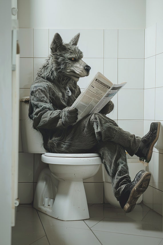 Werewolf Sitting On The Toilet Reading A Newspaper Funny Bathroom Humor Funny Mythical Creature Wall Art Home Ai Art Prints