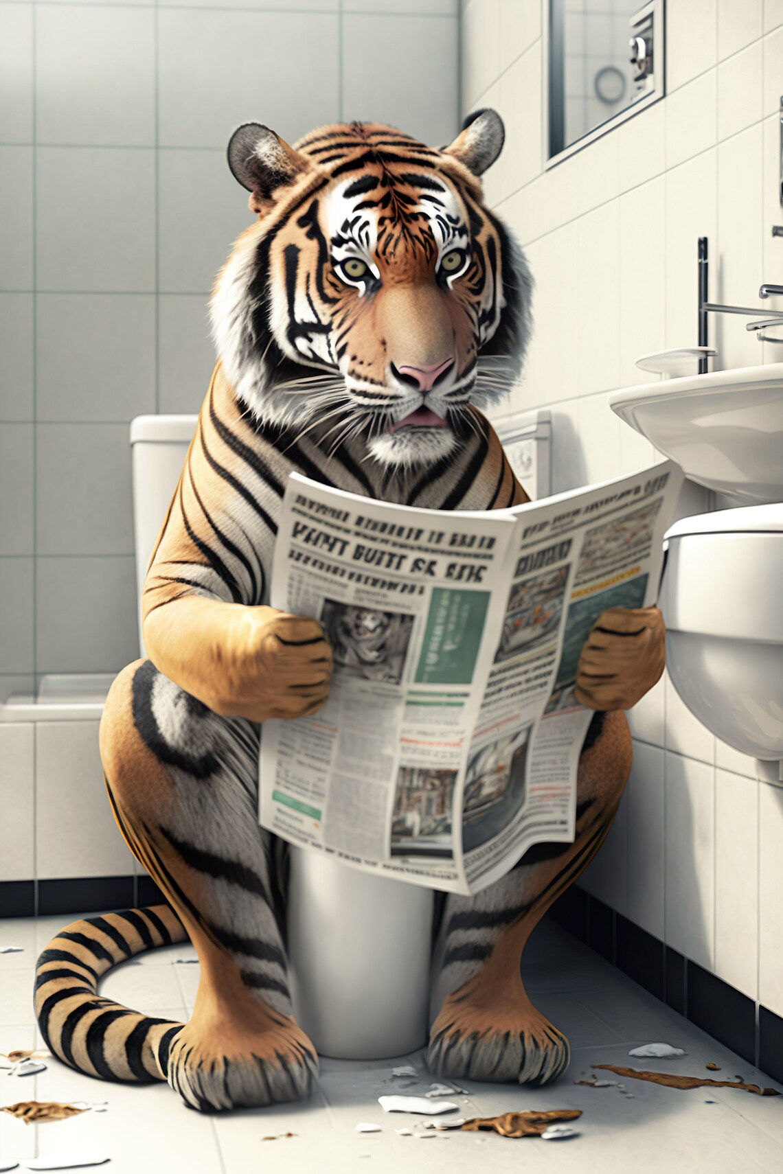 Tiger Toilet Newspaper Humor Bathroom Wall Art Print
