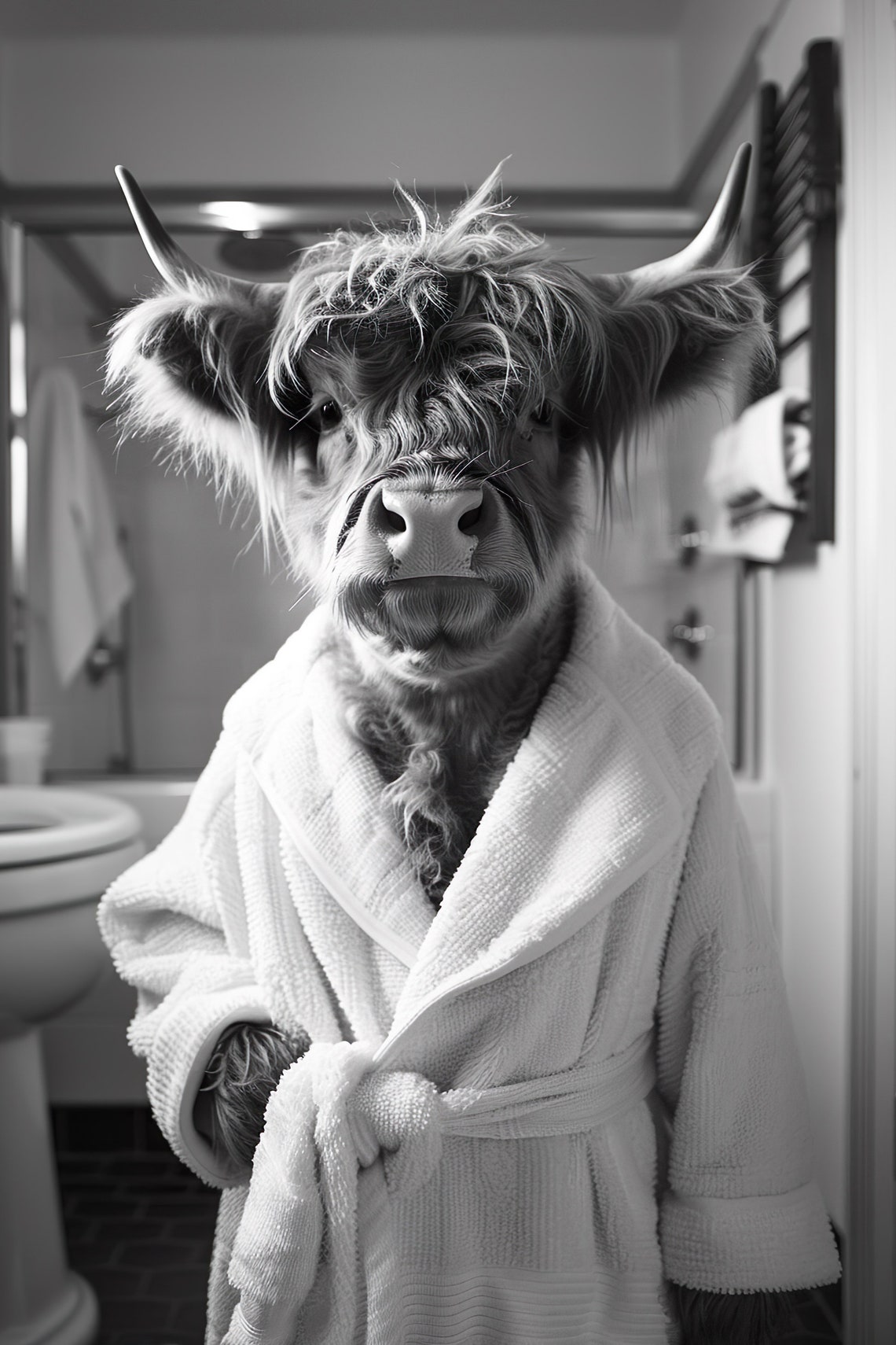 Highland Cow In Bathrobe Black And White Bathroom Humor Wall Art