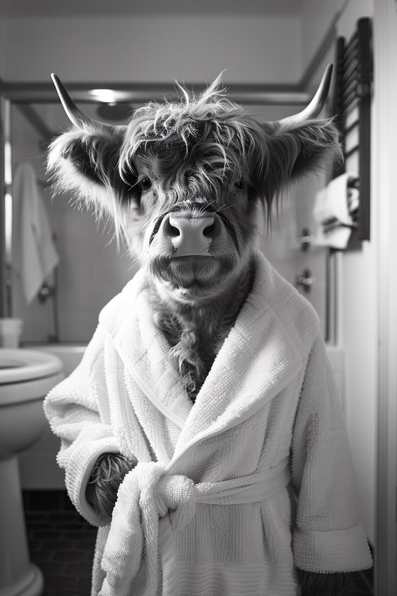 Highland Cow In A Bathrobe Funny Bathroom Wall Art Quirky Animal Art Funny Cow In Bath Humor Print Home Ai Wall Art Prints