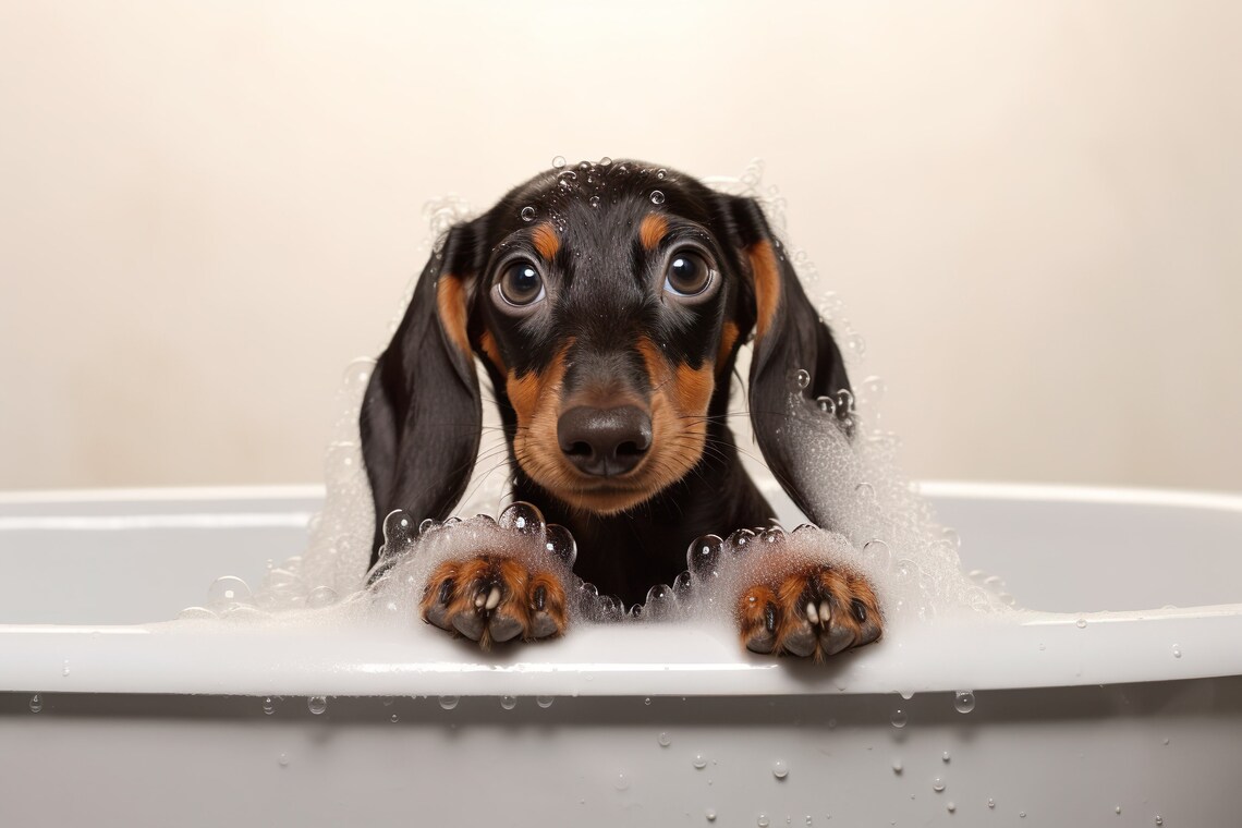 Dachshund Pup In The Bathtub, Funny Bathroom Art Print