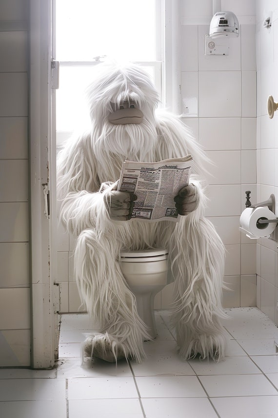 Yeti Sitting On The Toilet Reading A Newspaper Funny Bathroom Humor Funny Mythical Creature Wall Art Home Ai Art Prints