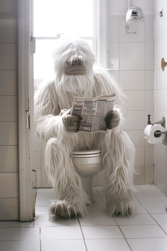 Yeti Sitting On The Toilet Reading Newspaper Funny Bathroom Poster