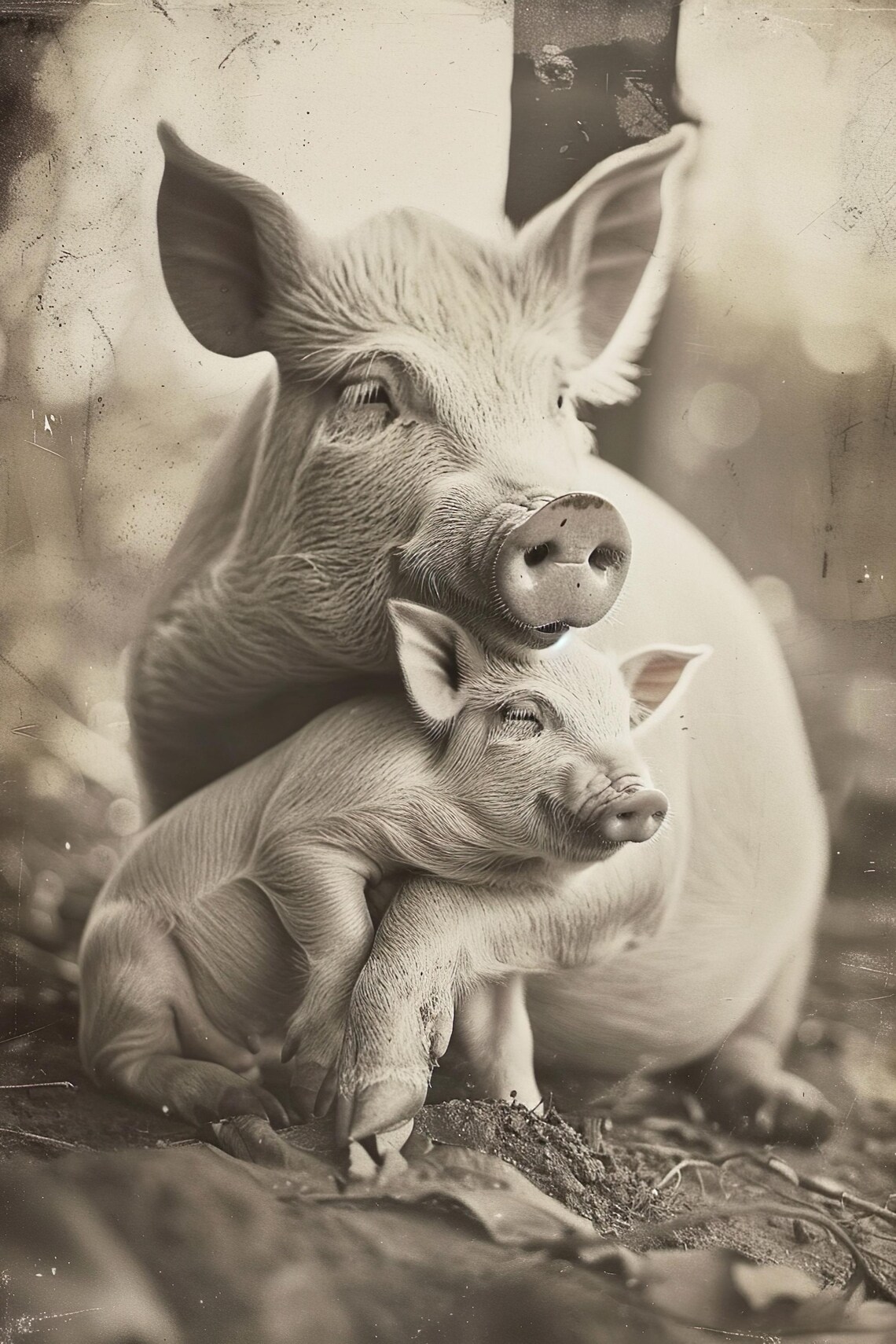 Pig Mother Resting Chin on Piglet Vintage Farm Poster for Nursery Decor