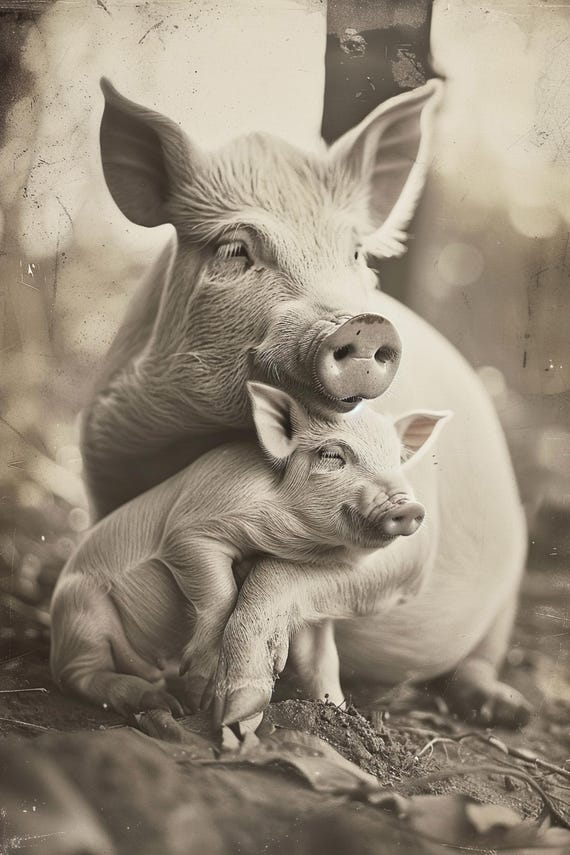 Mom Baby Pig Cute Animal Family Wall Art Nursery Room Bedroom Prints Cute Vintage Style Animal Photo Mommy And Me Ai Art