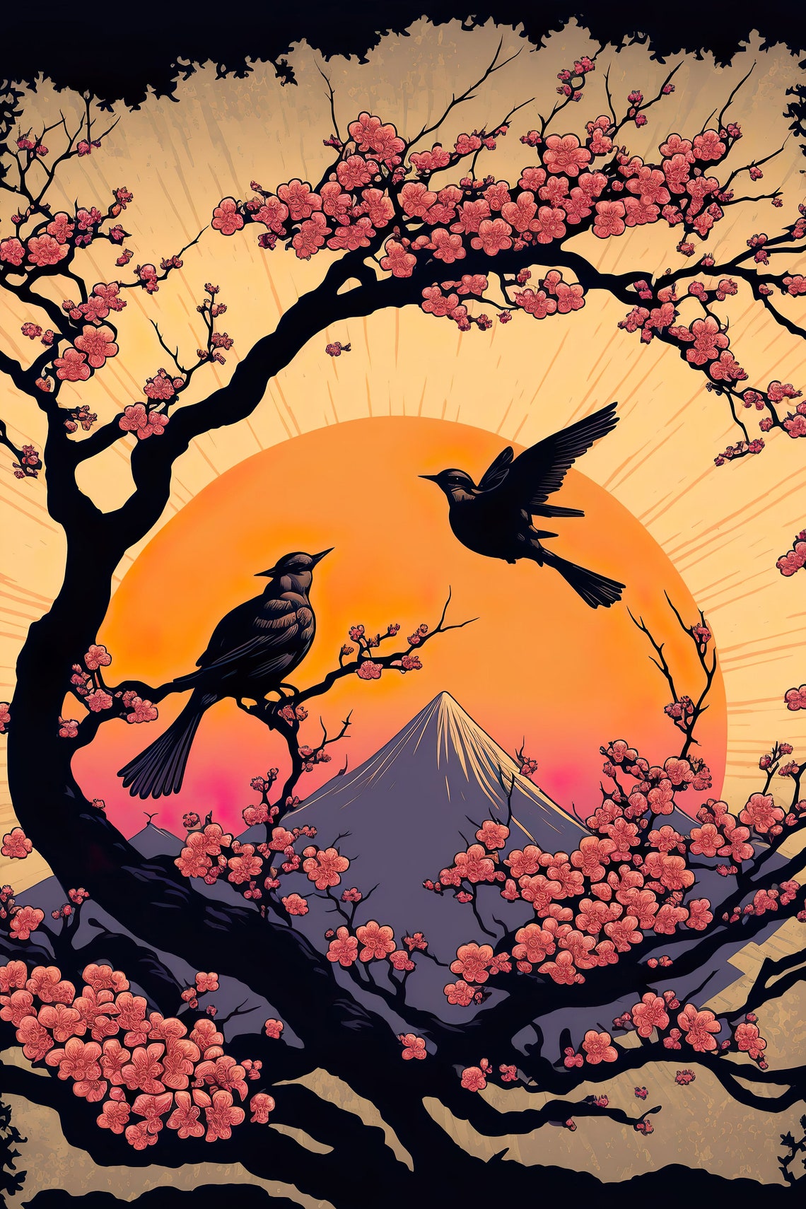Two Birds Cherry Blossom Sunrise Mount Fuji Ukiyo E Art Poster