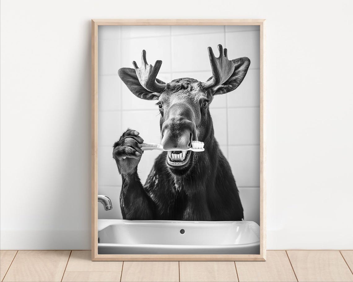 Moose Brushing Teeth Framed Black And White Bathroom Humor Poster