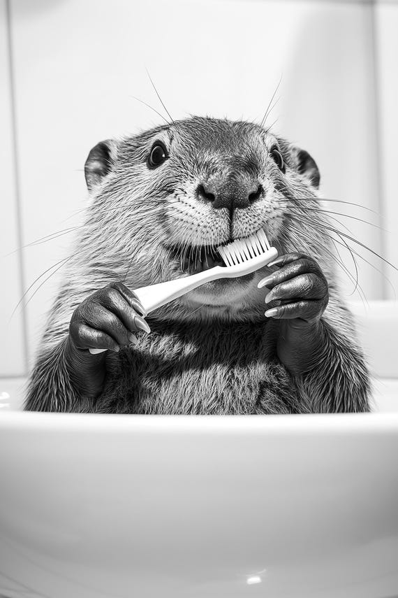 Beaver Brushing Teeth Funny Bathroom Wall Art Bathroom Art Vintage Style Animal Photo Cute Beaver Humor Print Ai Art