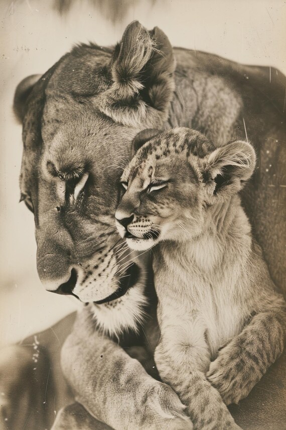 Lioness and Cub Cuddling Sepia Safari Wildlife Photo Poster for Nursery Decor
