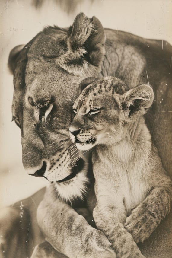 Mom Baby Lion Cute Animal Family Wall Art Nursery Room Bedroom Prints Cute Vintage Style Animal Photo Mommy And Me Ai Art
