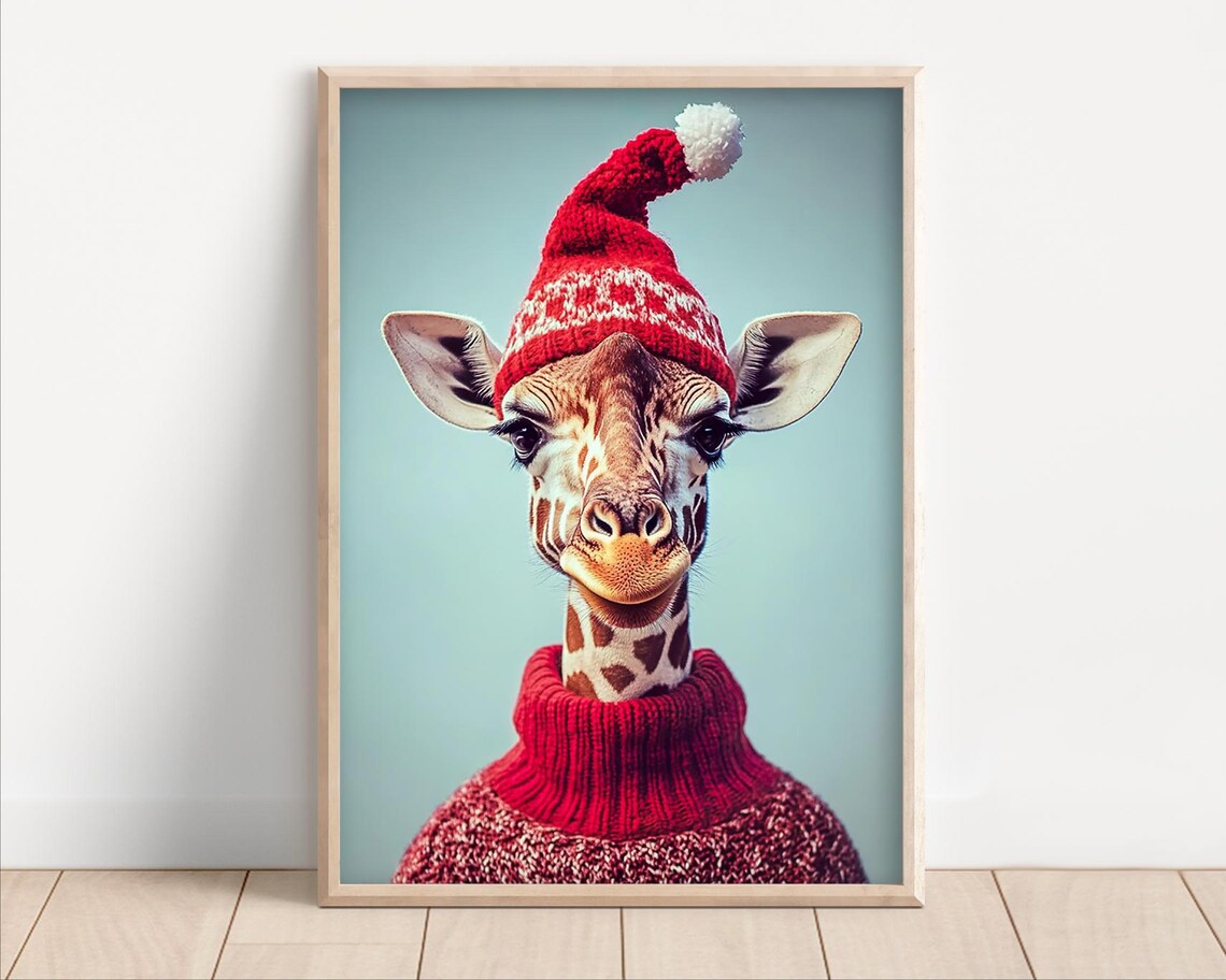 Giraffe in Santa Hat and Red Turtleneck Sweater Cute Christmas Animal Poster