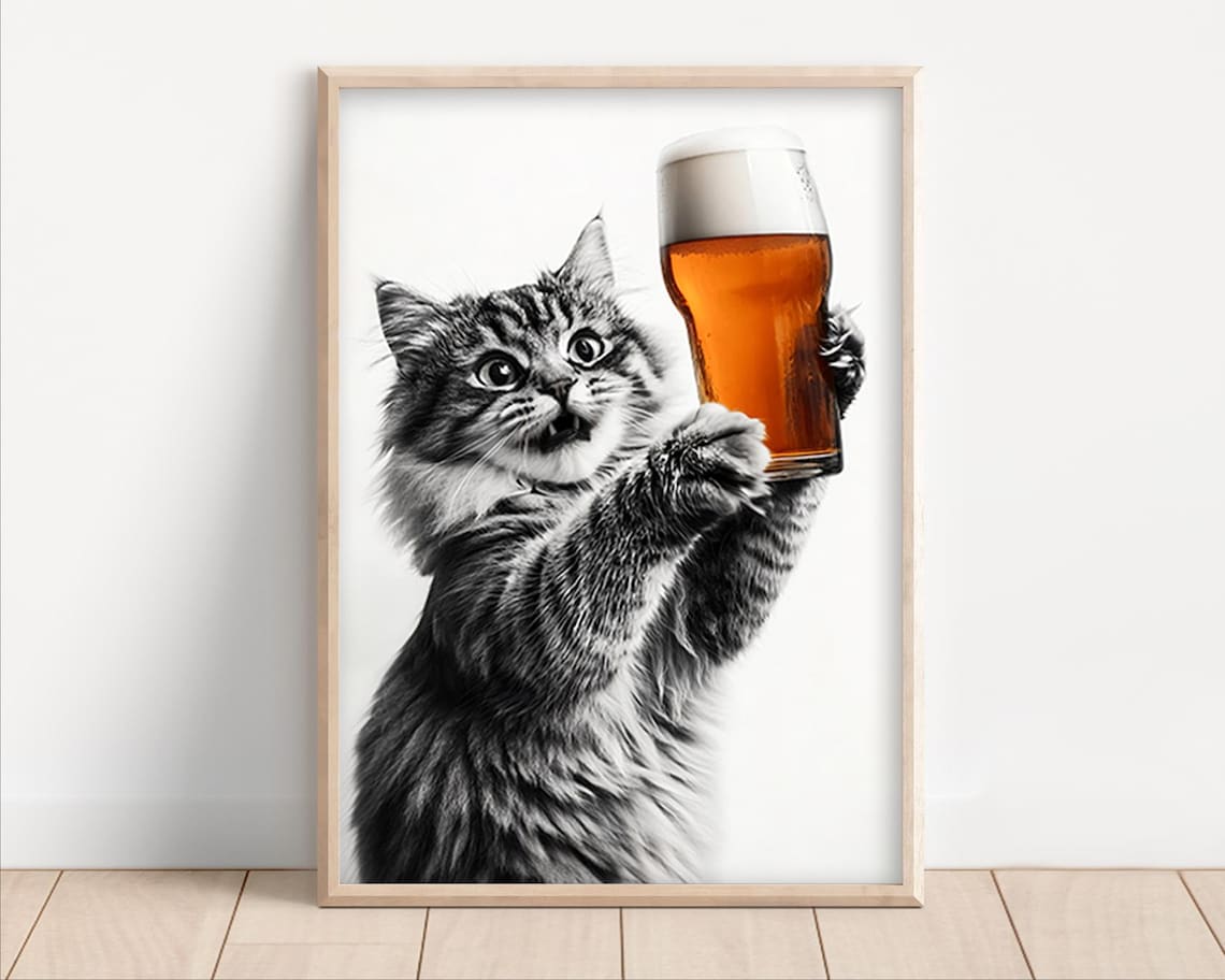 Cat Drinking Beer Funny Kitchen Wall Art Print