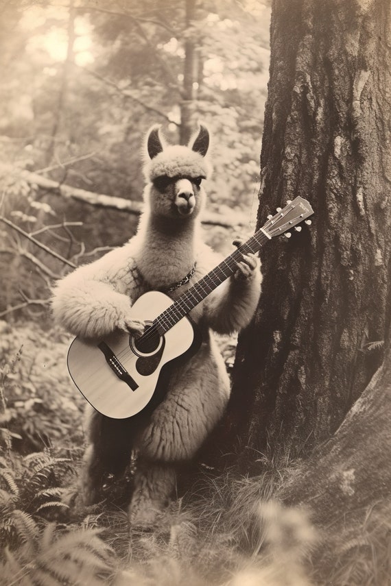 Alpaca Playing Guitar Funny Vintage Animal Print Alpaca Photograph Retro Alpaca Humor Vintage Wall Art Home Decor Ai Art