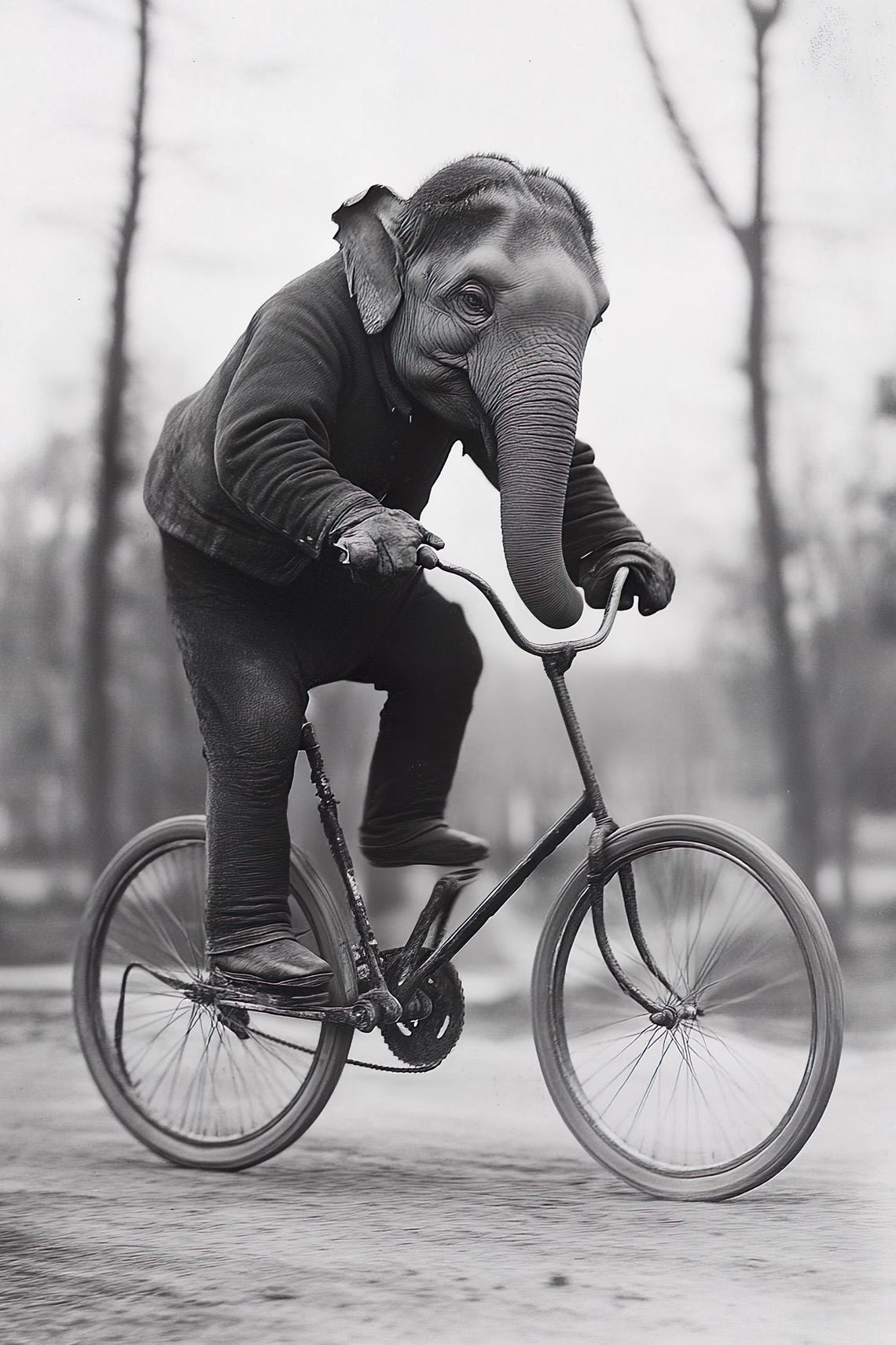 Elephant Riding Bicycle Funny Vintage Black And White Poster