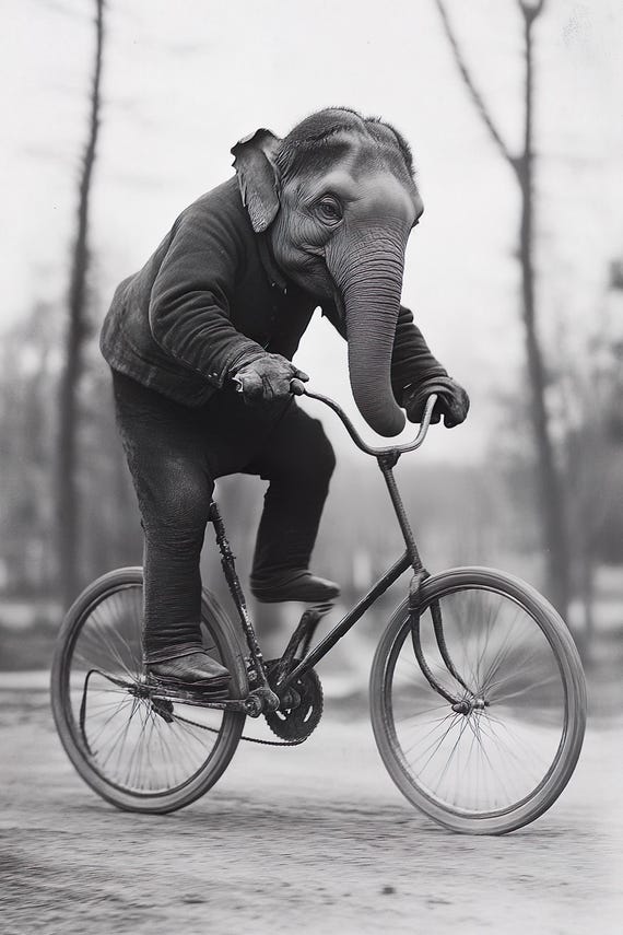 Elephant Riding A Bike Funny Animal Wall Art Elephant With Bicycle Funny Vintage Style Animal Photo Cute Retro Print Ai Art