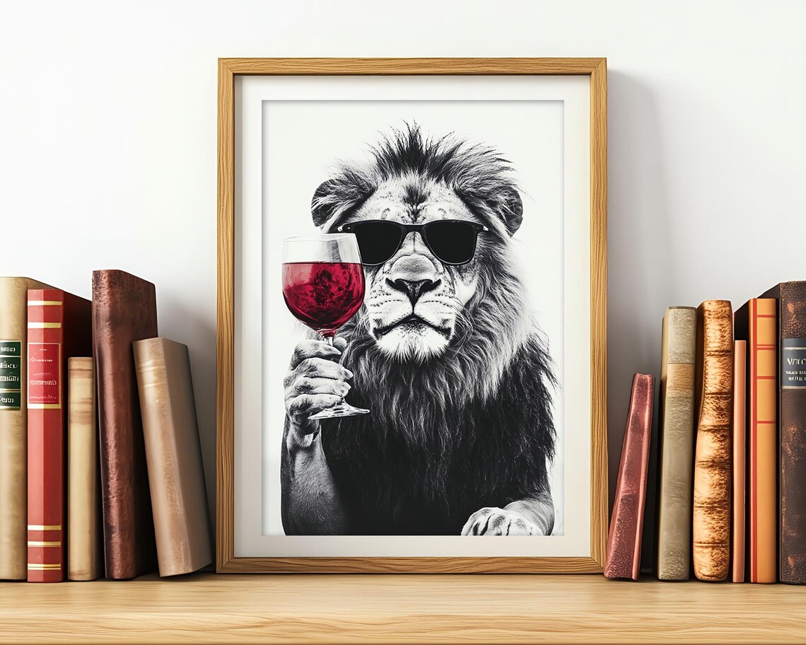 Lion Drinking Red Wine Funny Kitchen Wall Art Print - Image 3