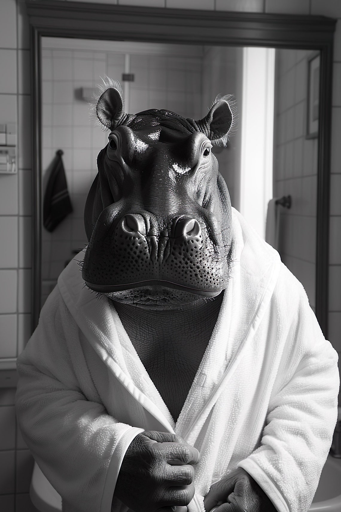 Hippo Bathrobe Funny Bathroom Black And White Cute Animal Print