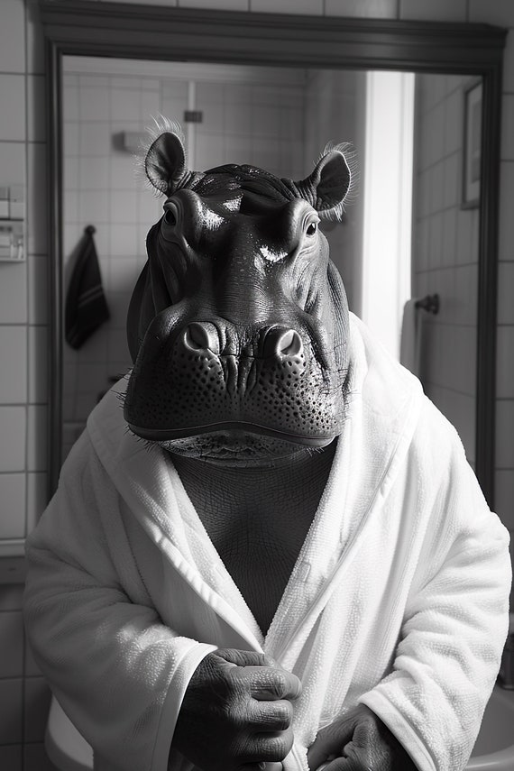 Hippo In A Bathrobe Funny Bathroom Wall Art Quirky Animal Art Funny Hippopotamus In Bath Humor Print Home Ai Wall Art Prints