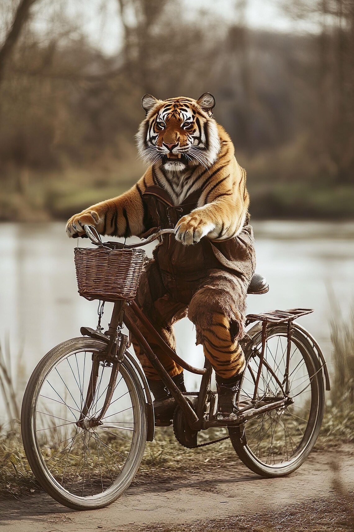 Tiger Riding A Bike Funny Animal Wall Art Tiger With Bicycle Funny Vintage Style Animal Photo Cute Retro Home Print Ai Art