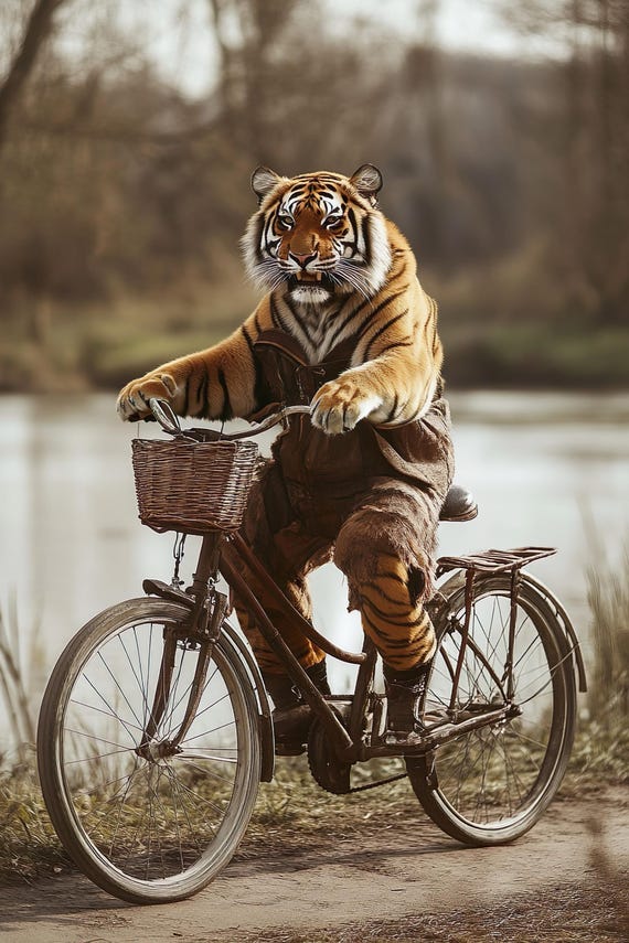 Tiger Riding A Bike Funny Animal Wall Art Tiger With Bicycle Funny Vintage Style Animal Photo Cute Retro Home Print Ai Art