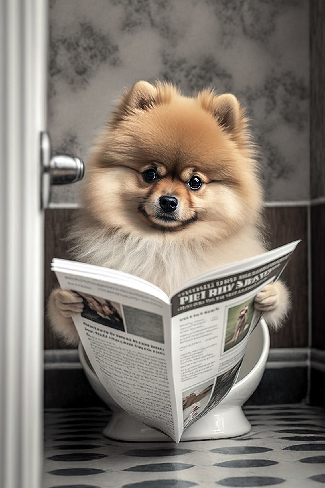 Pomeranian Bathroom Humor Art Print, Funny Dog Photo