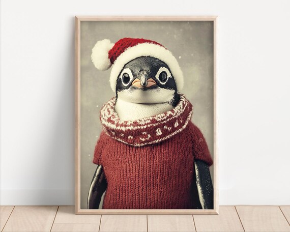 Baby Penguin in Santa Hat and Red Sweater Cute Christmas Winter Poster