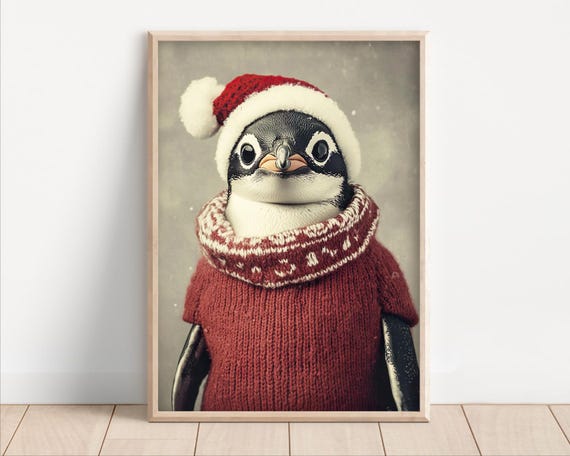Cute Christmas Penguin Funny Christmas Wall Art Retro Winter Animals Christmas Home Decor Funny Penguin Photo Print Ai Art