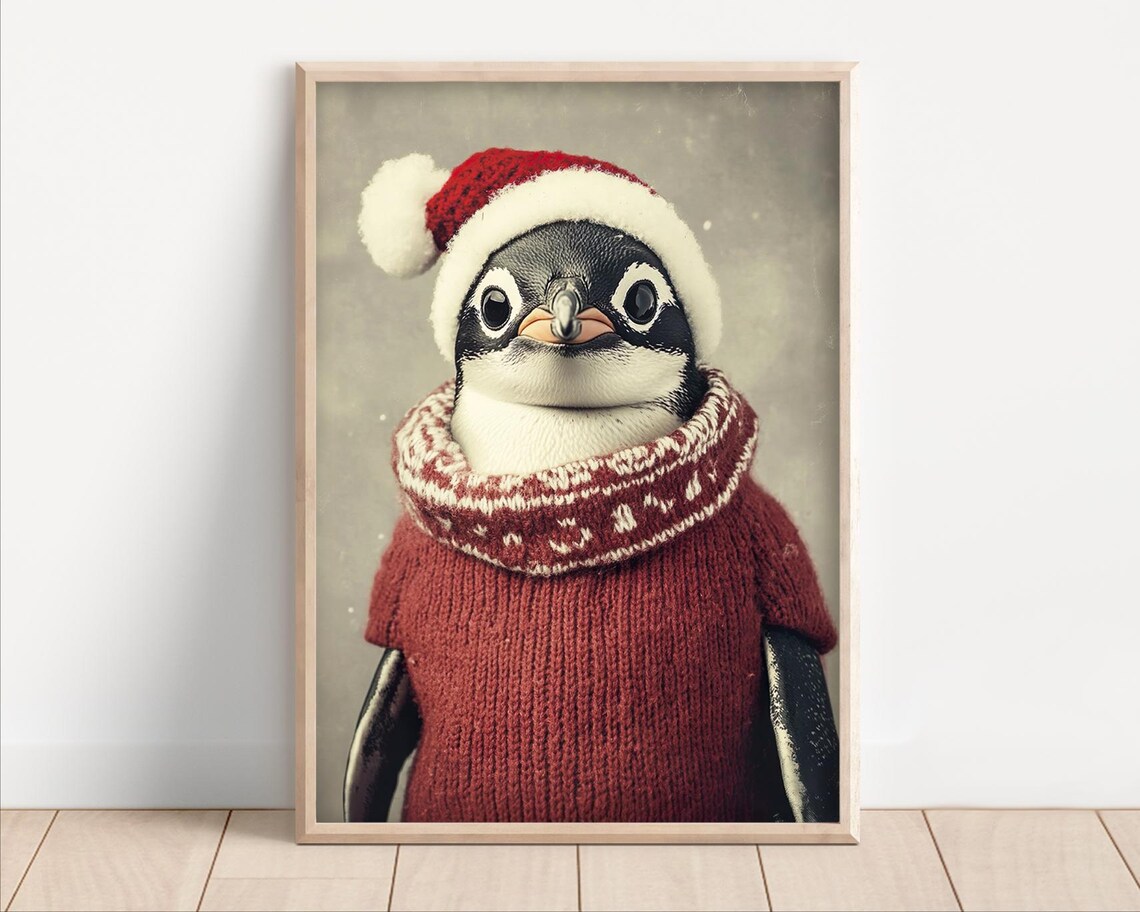 Baby Penguin in Santa Hat and Red Sweater Cute Christmas Winter Poster