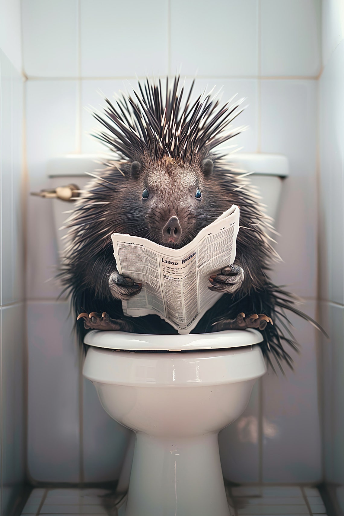 Funny Porcupine Sitting On Toilet Reading Newspaper Bathroom Poster